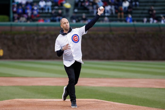 Gregg Berhalter throws out a first pitch at a Chicago Cubs game